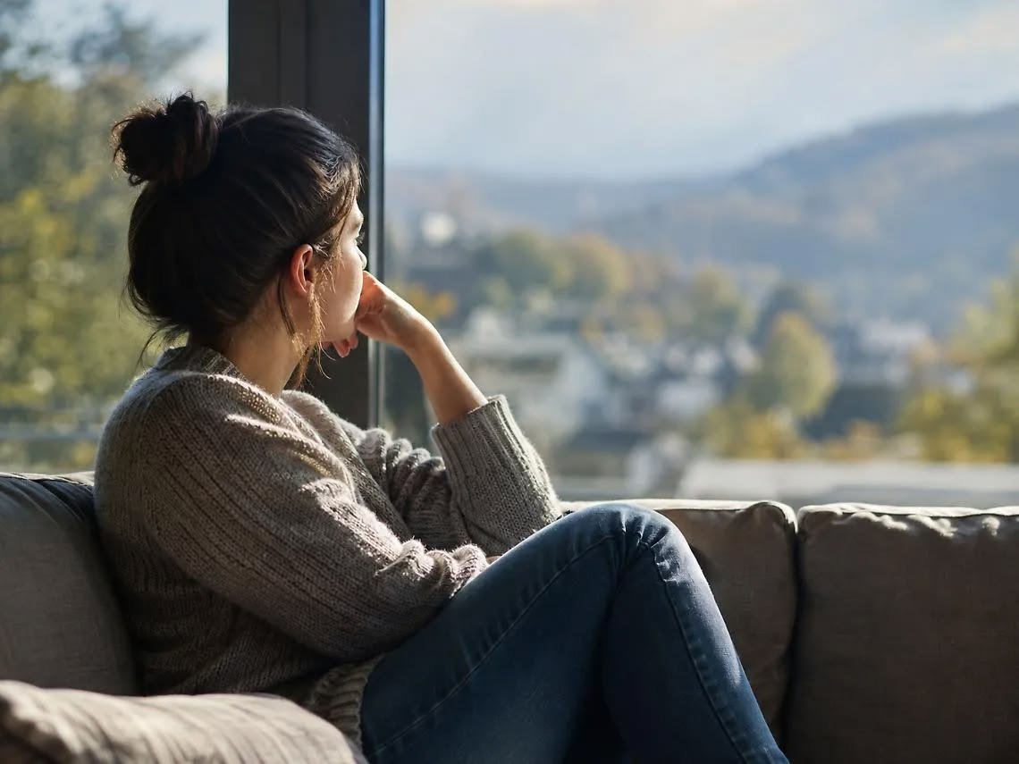 A woman sitting on a sofa by a large window, chin resting on her hand, looking out at the hills