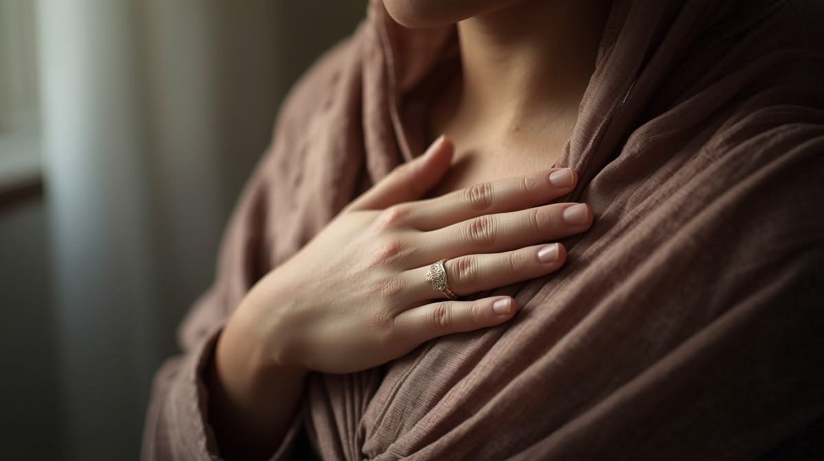 A woman's hand resting gently on her chest over soft fabric
