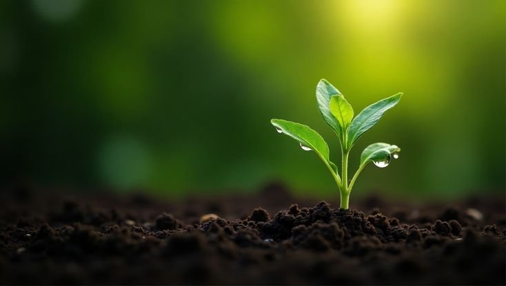 A small green seedling with water droplets growing out of dark soil