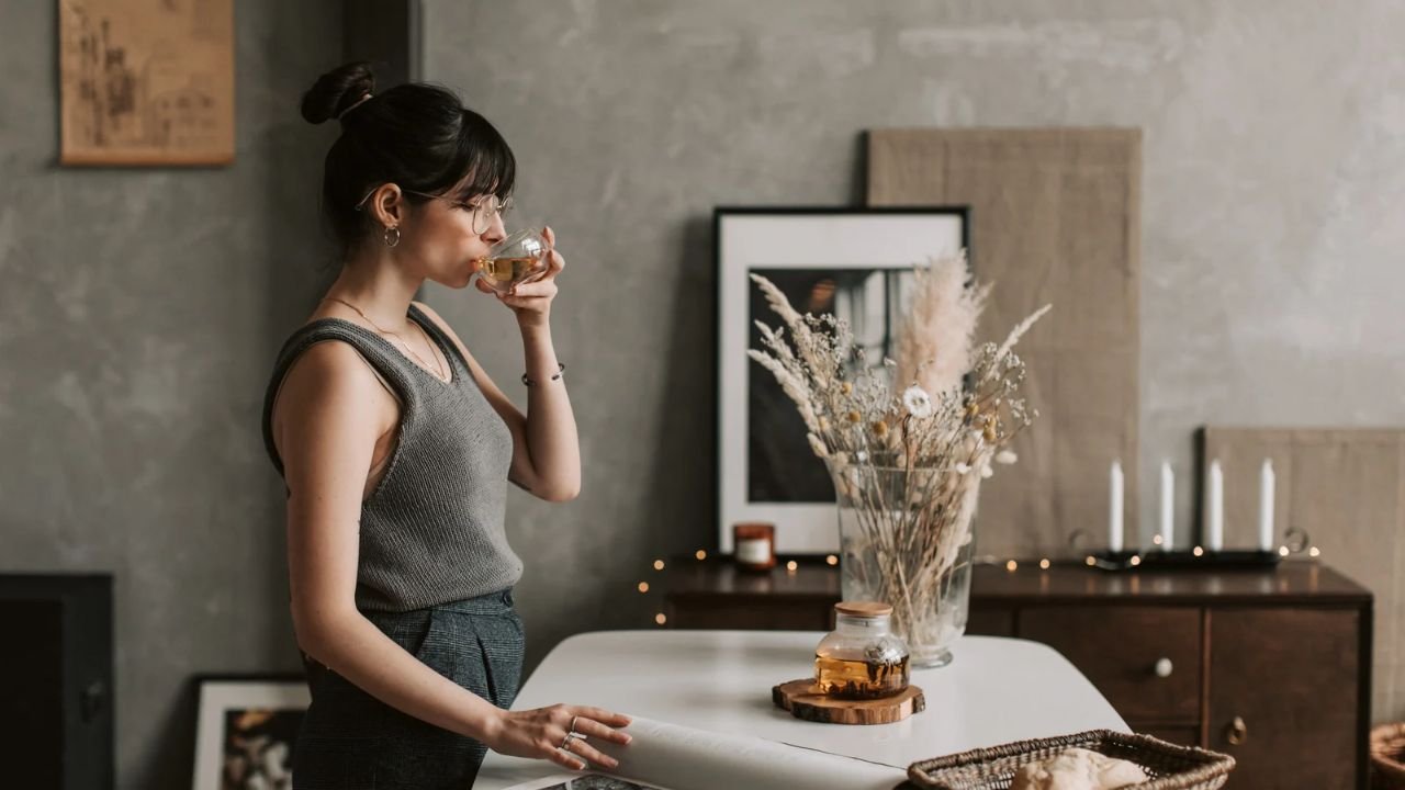 A woman standing at a table at home, pausing to sip a cup of tea